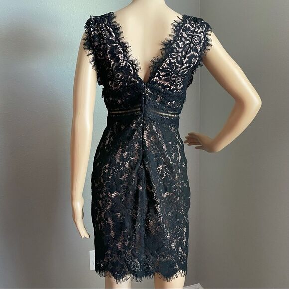 Just Me Sleeveless Plunging Neckline Mini Dress Black Lace Over Nude Size Small - Picture 8 of 14